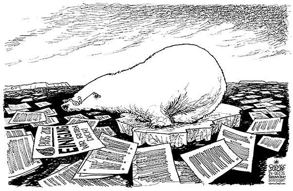  Oliver Schopf, politischer Karikaturist aus Österreich, politische Karikaturen, Illustrationen Archiv politische Karikatur Welt Klima und Umwelt 2015 UN WELTKLIMAKONFERENZ PARIS COP 21 EINIGUNG PAPIER ABKOMMEN EISBÄR EISSCHOLLE KLIMAERWÄRMUNG ARKTIS GRÖNLANDEIS  

