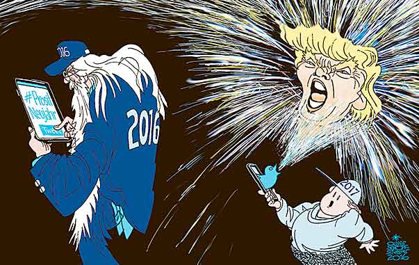Oliver Schopf, politischer Karikaturist aus Österreich, politische Karikaturen aus Österreich, Karikatur Cartoon Illustrationen Politik Politiker international 2016 SILVESTER PROSIT NEUJAHR FEUERWERK TRUMP TWEET TWITTER SMARTPHONE JAHRESWECHSEL     
