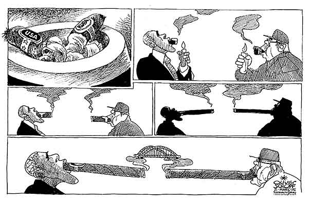  Oliver Schopf, politischer Karikaturist aus Österreich, politische Karikaturen, Illustrationen Archiv politische Karikatur Welt Iran und die Atompolitik 2014  USA KUBA OBAMA RAUL CASTRO ZIGARRE COHIBA RAUCHEN BEZIEHUNGEN ANNAEHERUNG BRUECKE 

