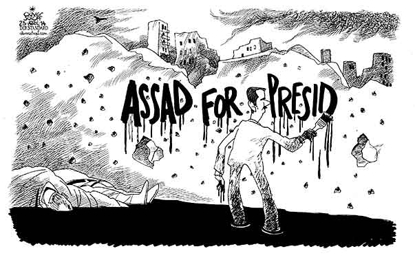  Oliver Schopf, politischer Karikaturist aus Österreich, politische Karikaturen, Illustrationen Archiv politische Karikatur Welt 2014 SYRIEN ASSAD WAHL PRAESIDENT BUERGERKRIEG RUINEN SCHUTT BLUT PINSEL MALEN WAHLPLAKAT  

