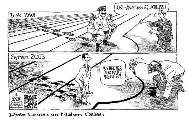  Oliver Schopf, politischer Karikaturist aus Österreich, politische Karikaturen, Illustrationen Archiv politische Karikatur Welt Naher Osten
2013  SYRIEN ASSAD OBAMA ROTE LINIE CHEMIEWAFFEN IRAK SADDAM HUSSEIN UNO NAHER OSTEN      

