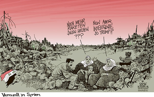 Oliver Schopf, politischer Karikaturist aus Österreich, politische Karikaturen aus Österreich, Karikatur Cartoon Illustrationen Politik Politiker international 2018 
SYRIEN TRUMP TWEET SMART MISSILES RAKETEN VERNUNFT BÜRGERKRIEG MENSCHEN ZERSTÖRUNG BOMBARDIERUNG  
