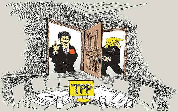 Oliver Schopf, editorial cartoons from Austria, cartoonist from Austria, Austrian illustrations, illustrator from Austria, editorial cartoon politics politician International, Cartoon Arts International, New York Times Syndicate, 2016: USA CHINA TPP TRANSPACIFIC PARTNERSHIP TRUMP LEAVE DOOR  



