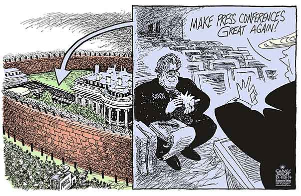 Oliver Schopf, editorial cartoons from Austria, cartoonist from Austria, Austrian illustrations, illustrator from Austria, editorial cartoon politics politician International, Cartoon Arts International, New York Times Syndicate, 2017: USA PRESIDENT TRUMP STEPHEN BANNON PRESS CONFERENCE MEDIA WHITE HOUSE BRIEFING ROOM WALL   

