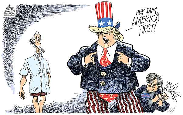 Oliver Schopf, editorial cartoons from Austria, cartoonist from Austria, Austrian illustrations, illustrator from Austria, editorial cartoon politics politician International, Cartoon Arts International, New York Times Syndicate, 2017: USA TRUMP STEPHEN BANNON UNCLE SAM NAKED CLOTHES  AMERICA FIRST        

