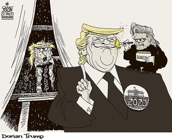 Oliver Schopf, editorial cartoons from Austria, cartoonist from Austria, Austrian illustrations, illustrator from Austria, editorial cartoon politics politician International, Cartoon Arts International, 2020 : USA TRUMP CAMPAIGN ELECTION WHITE HOUSE IMPEACHMENT STEVE BANNON THE PICTURE OF DORIAN GRAY OSCAR WILDE MAKE UP ARTIST BRUSH GOLD DUST   

