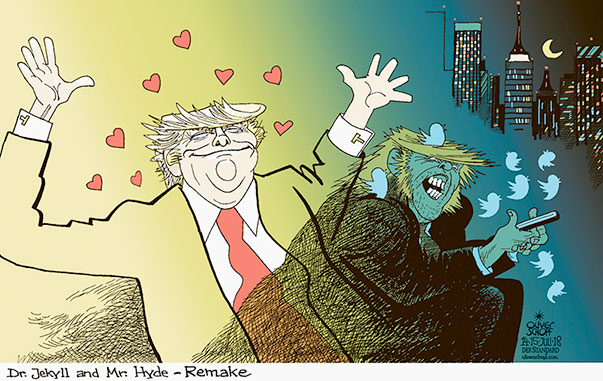  Oliver Schopf, politischer Karikaturist aus Österreich, politische Karikaturen, Illustrationen Archiv politische Karikatur Welt USA Donald Trump Präsident der Vereinigten Staaten von Amerika 2018 USA PRÄSIDENT DONALD TRUMP DER SELTSAME FALL DES DR. JEKYLL UND MR. HYDE ROBERT LOUIS STEVENSON TWEET TWITTER REMAKE 




