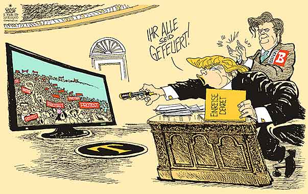  Oliver Schopf, politischer Karikaturist aus Österreich, politische Karikaturen, Illustrationen Archiv politische Karikatur Welt USA Präsident der Vereinigten Staaten von Amerika 2017 USA TRUMP IMMIGRATION EINREISE DEKRET UNTERSCHREIBEN MUSLIME STEPHEN BANNON BREITBART WEISSES HAUS OVAL OFFICE PROTEST SCHWARZENEGGER THE APPRENTICE YOU ARE FIRED



