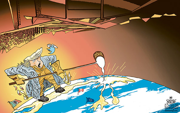  Oliver Schopf, politischer Karikaturist aus Österreich, politische Karikaturen, Illustrationen Archiv politische Karikatur Welt Wirtschaft und Finanzen 2018 TRUMP EU KANADA MEXIKO HANDELSKRIEG FREIHANDEL STRAFZÖLLE STAHL ALUMINIUM PKW STAHLKOCHER HOCHOFEN
