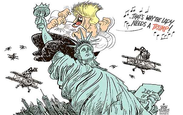Oliver Schopf, editorial cartoons from Austria, cartoonist from Austria, Austrian illustrations, illustrator from Austria, editorial cartoon politics politician International, Cartoon Arts International, New York Times Syndicate, Cagle cartoon 2015 USA DONALD TRUMP HAIR STATUE OF LIBERTY ELECTIONS 2016 KING KONG THAT’S WHY THE LADY NEEDS A TRAMP  

