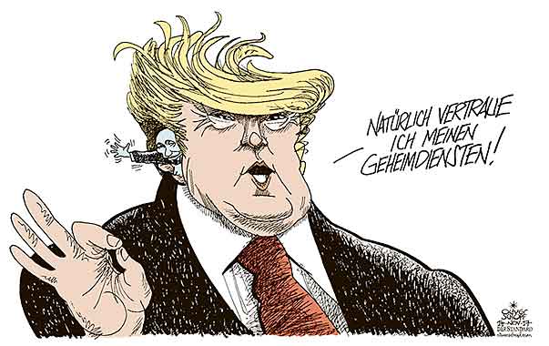  Oliver Schopf, politischer Karikaturist aus Österreich, politische Karikaturen, Illustrationen Archiv politische Karikatur Welt USA Donald Trump Präsident der Vereinigten Staaten von Amerika 2017 USA RUSSLAND TRUMP PUTIN GEHEIMDIENSTE OHR ABHÖREN 





