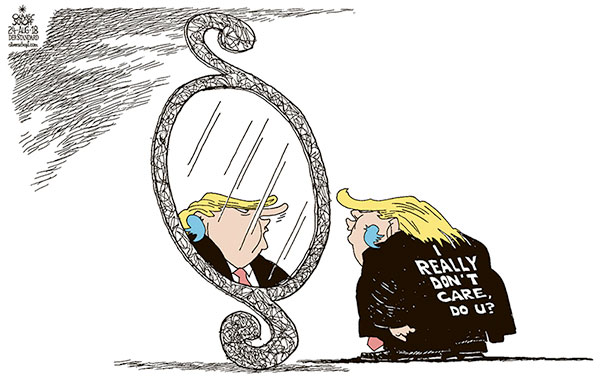 Oliver Schopf, editorial cartoons from Austria, cartoonist from Austria, Austrian illustrations, illustrator from Austria, editorial cartoon politics politician International, Cartoon Arts International, New York Times Syndicate, 2018 : USA TRUMP MICHAEL COHEN JUSTICE SECTION SIGN LIES WASHINGTON POST MIRROR NOSE PINOCCHIO

