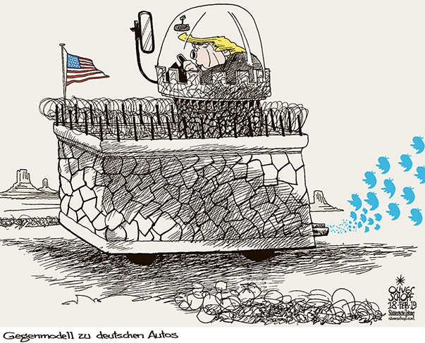  Oliver Schopf, politischer Karikaturist aus Österreich, politische Karikaturen, Illustrationen Archiv politische Karikatur Welt USA Donald Trump Präsident der Vereinigten Staaten von Amerika 2019 USA TRUMP DEUTSCHE AUTOS ZÖLLE NATIONALE SICHERHEIT MAUER FESTUNG ABWEHR
TWITTER ABGASE FEINSTAUB  




