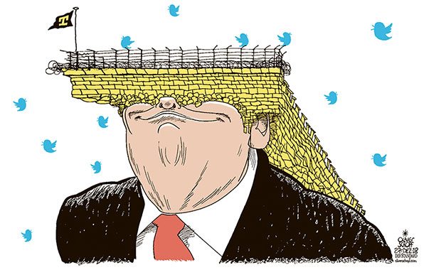 Oliver Schopf, editorial cartoons from Austria, cartoonist from Austria, Austrian illustrations, illustrator from Austria, editorial cartoon Donald Trump president of the united states of america 2018 TRUMP USA PRESIDENT WALL MEXICO BORDER HAIR HAIRSTYLE SHUTDOWN CONGRESS TWITTER 
