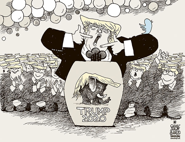  Oliver Schopf, politischer Karikaturist aus Österreich, politische Karikaturen, Illustrationen Archiv politische Karikatur Welt USA Präsidentenwahl 2020 USA PRÄSIDENTENWAHLEN TRUMP PARTEITAG REPUBLIKANER GOP GRAND OLD PARTY ELEFANT TWITTER    
