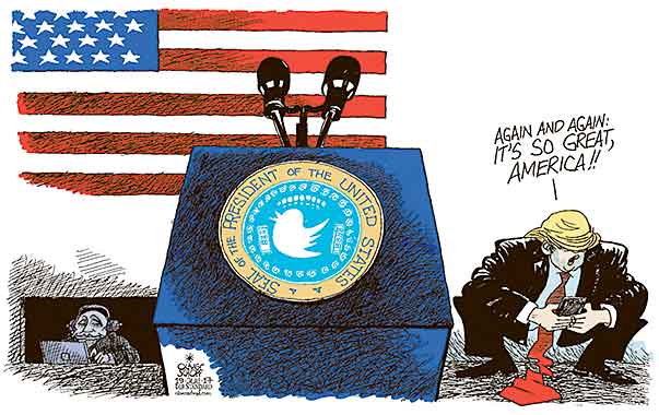 Oliver Schopf, editorial cartoons from Austria, cartoonist from Austria, Austrian illustrations, illustrator from Austria, editorial cartoon politics politician International, Cartoon Arts International, New York Times Syndicate, 2017: USA TRUMP SEAL OF THE PRESIDENT TWITTER TWEET SPEECH PUTIN RUSSIA SPY FLAG STARS AND STRIPES    

