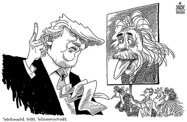  Oliver Schopf, politischer Karikaturist aus Österreich, politische Karikaturen, Illustrationen Archiv politische Karikatur Welt USA Donald Trump Präsident der Vereinigten Staaten von Amerika 2017 TRUMP WISSENSCHAFT SCIENCE MARCH DEMONSTRATION PROTEST EINSTEIN ZUNGE ZEIGEN 



