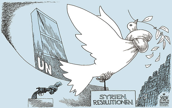 Oliver Schopf, editorial cartoons from Austria, cartoonist from Austria, Austrian illustrations, illustrator from Austria, editorial cartoon 2018 UNO UNITED NATIONS SYRIA RESOLUTION RUSSIA VETO SECURITY COUNCEL PEACE DOVE HEADQUARTERS NEW YORK MONUMENT GUN KNOT 
