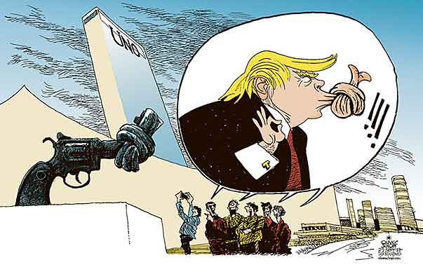 Oliver Schopf, editorial cartoons from Austria, cartoonist from Austria, Austrian illustrations, illustrator from Austria, editorial cartoon politics politician International, Cartoon Arts International, New York Times Syndicate, 2017: UNO UNITED NATIONS NEW YORK TRUMP SPEECH GENERAL ASSEMBLY THREATS NORTH KOREA IRAN KNOTTED GUN MOUTH 
