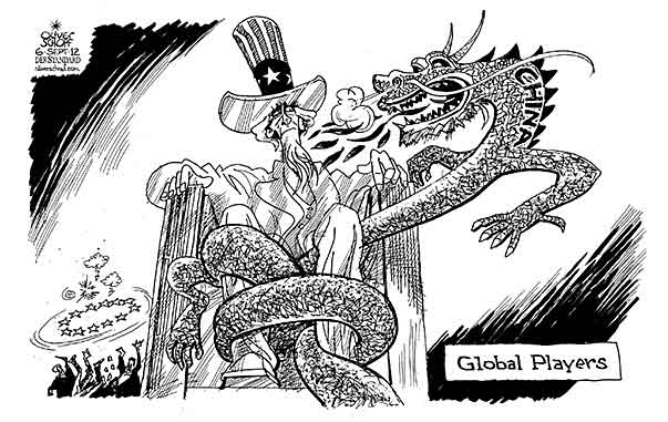 Oliver Schopf, editorial cartoons from Austria, cartoonist from Austria, Austrian illustrations, illustrator from Austria, editorial cartoon economy finances business markets  2012 USA CHINA EU EUROPE GLOBAL PLAYER UNCLE SAM CHINESE DRAGON ABRAHAM LINCOLN MEMORIAL

