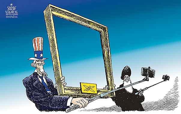 Oliver Schopf, editorial cartoons from Austria, cartoonist from Austria, Austrian illustrations, illustrator from Austria, editorial cartoon 2015 USA IRAN NUCLEAR WEAPONS BOMB FRAMEWORK AGREEMENT LAUSANNE UNCLE SAM MULLAH FRAME SELFIE STICK 
   
