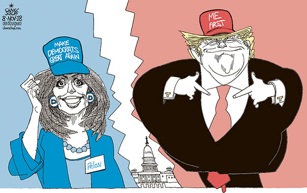 Oliver Schopf, editorial cartoons from Austria, cartoonist from Austria, Austrian illustrations, illustrator from Austria, editorial cartoon politics politician International, Cartoon Arts International, New York Times Syndicate, 2018 : USA MIDTERM ELECTIONS CONGRESS CAPITOL HILL NANCY PELOSI TRUMP DIVISION FRACTURES RIFT MAKE AMERICA GREAT AGAIN AMERICA FIRST 
