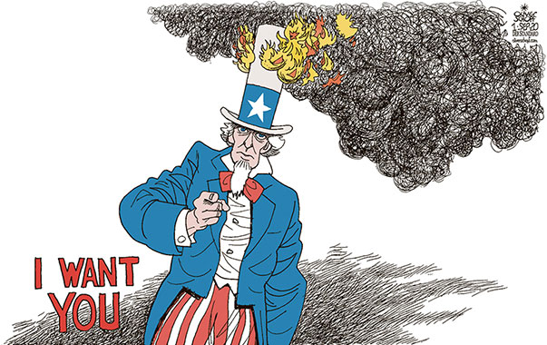 Oliver Schopf, editorial cartoons from Austria, cartoonist from Austria, Austrian illustrations, illustrator from Austria, editorial cartoon politics politician International, Politico, Cartoon Arts International, 2020: USA UNCLE SAM RIOTS RACISM POLICE AFROAMERICANS HAT BURNING I WANT YOU POSTER   
