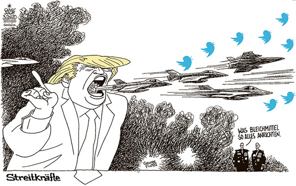Oliver Schopf, politischer Karikaturist aus Österreich, politische Karikaturen aus Österreich, Karikatur Cartoon Illustrationen Politik Politiker international 2020: USA TRUMP GEORGE FLOYD UNRUHEN PROTESTE I CAN‘T BREATHE MILITÄR STREITKRÄFTE KAMPFJET TWITTER EINSATZ SCHIESSEN BLEICHMITTEL CORONA  
