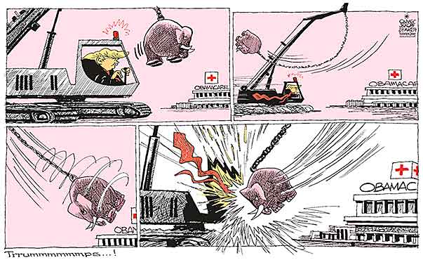 Oliver Schopf, politischer Karikaturist aus Österreich, politische Karikaturen aus Österreich, Karikatur Cartoon Illustrationen Politik Politiker international 2017 
USA TRUMP HEALTH CARE OBAMACARE ABRISSBIRNE REPUBLIKANER ELEFANT       
