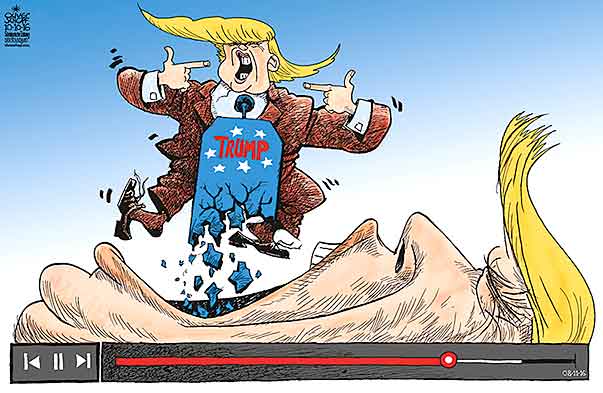 Oliver Schopf, editorial cartoons from Austria, cartoonist from Austria, Austrian illustrations, illustrator from Austria, editorial cartoon politics politician International, Cartoon Arts International, New York Times Syndicate, Cagle cartoon 2016 USA PRESIDENT ELECTIONS DONALD TRUMP VIDEO SEXISM MOUTH SPEECH CRUMBLE CRUMBLING       

