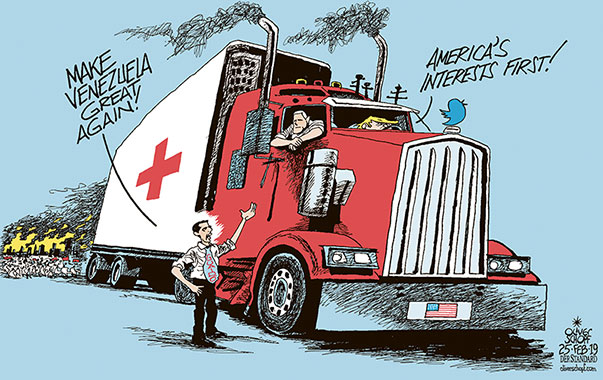 Oliver Schopf, editorial cartoons from Austria, cartoonist from Austria, Austrian illustrations, illustrator from Austria, editorial cartoon politics politician International, Cartoon Arts International, New York Times Syndicate, 2019 : VENEZUELA GUAIDÓ USA MIKE PENCE TRUMP TRUCK CARE RED CROSS HELP AID PROTEST BORDER   
