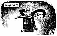 Oliver Schopf, editorial cartoons from Austria, cartoonist from Austria, Austrian illustrations, illustrator from Austria, editorial cartoon Austria 2008: Austrian election, oevp, people�s party, willi molterer, magician, conjuring, hat


