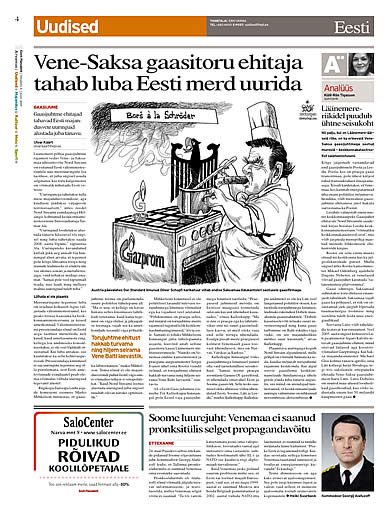 Oliver Schopf, editorial cartoons, cartoonist, Reprint of a cartoon in the Estonian daily paper  Eesti Päevaleht on Gazprom’s Baltic Sea pipeline.. 