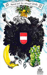 Oliver Schopf, politischer Karikaturist aus Österreich, politische Karikaturen aus Österreich, Karikatur, Illustrationen Österreich 2012 das scharze Schaf singt die nue Bundeshymne Korrumption und Skandale