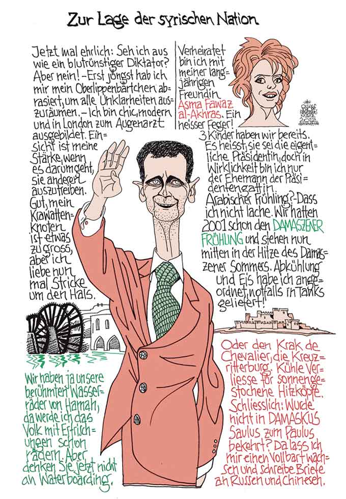 Oliver Schopf, politischer Karikaturist aus Österreich, politische Karikaturen aus Österreich, Karikatur Illustrationen Politik Politiker international  2012SYRIEN ASSAD DAMASKUS ASMA HAMAH WASSERRAEDER KRAK DE CHEVALIER SAULUS PAULUS   

    
 










 