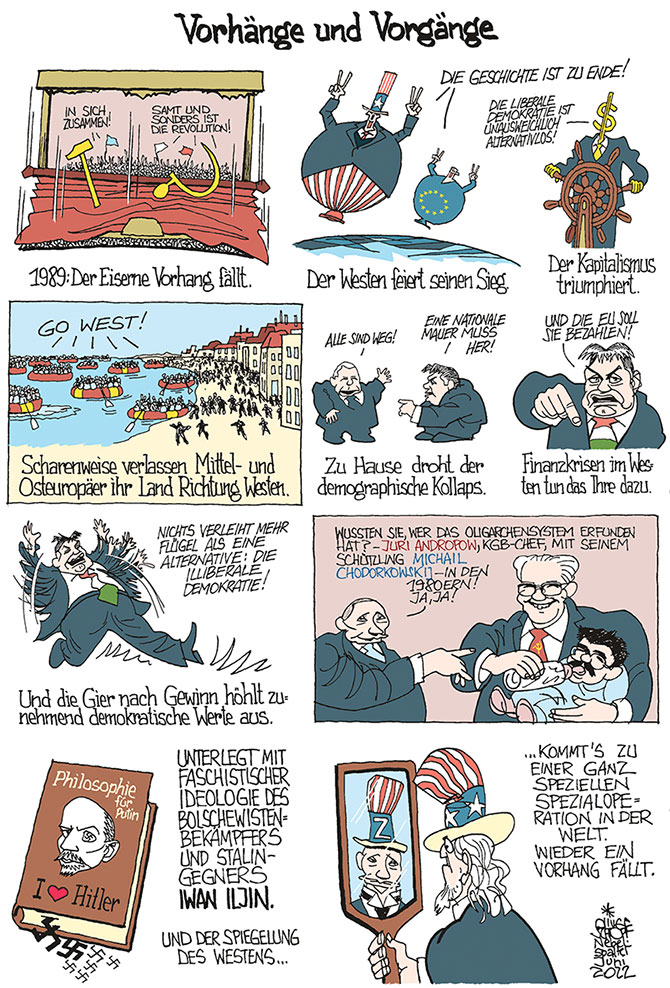 Oliver Schopf, politischer Karikaturist aus Österreich, politische Karikaturen aus Österreich, Karikatur Cartoon Illustrationen Politik Politiker Europa 2022: FALL DES EISERNEN VORHANGS 1989 SAMTENE REVOLUTION WESTEN SIEG KAPITALISMUS KOMMUNISMUS SOWJETUNION  MITTEL- UND OSTEUROPA KACZYNSKI ORBÁN PUTIN JURI ANDROPOW MICHAIL CHODORKOWSKIJ IWAN ILJIN SPEZIALOPERATION 
