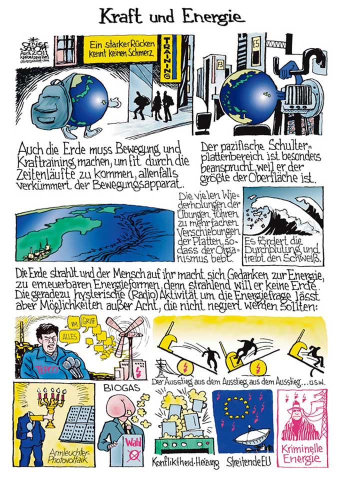 Oliver Schopf, politischer Karikaturist aus Österreich, politische Karikaturen aus Österreich, Karikatur Illustrationen Comic Bildergeschichte 2011: energie welt japan erdbeben tsunami fukushima aomenergie kernkraftwerke alternative erneuerbare energie






