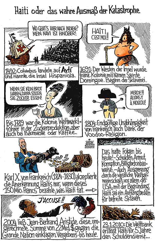 Oliver Schopf, politischer Karikaturist aus Österreich, politische Karikaturen aus Österreich, Karikatur Illustrationen Comic Bildergeschichte 2011: haiti, geschichte, erdbeben, schulden, armut



 




