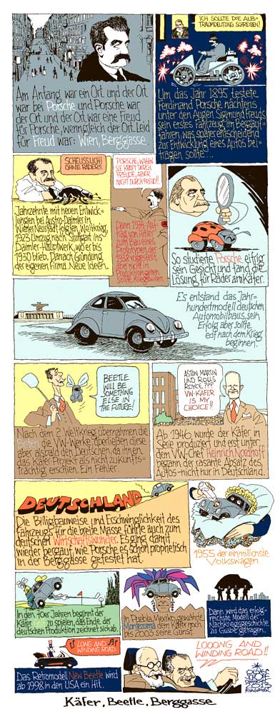 Oliver Schopf, politischer Karikaturist aus Österreich, politische Karikaturen aus Österreich, Karikatur Illustrationen Comic Bildergeschichte 2013 PORSCHE FERDINAND SIGMUND FREUD BERGGASSE VW-KAEFER 75 JAHRE KRAFT DURCH FREUDE HEINRICH NORDHOFF GOLF PUEBLA MEXIKO BEETLE 













