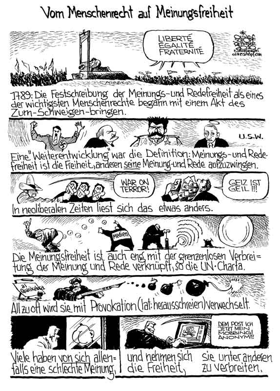 Oliver Schopf, politischer Karikaturist aus Österreich, politische Karikaturen aus Österreich, Karikatur Illustrationen Comic Bildergeschichte 2011: menschenrechte meinungsfreiheit redefreiheit medien verbreitung provokation




