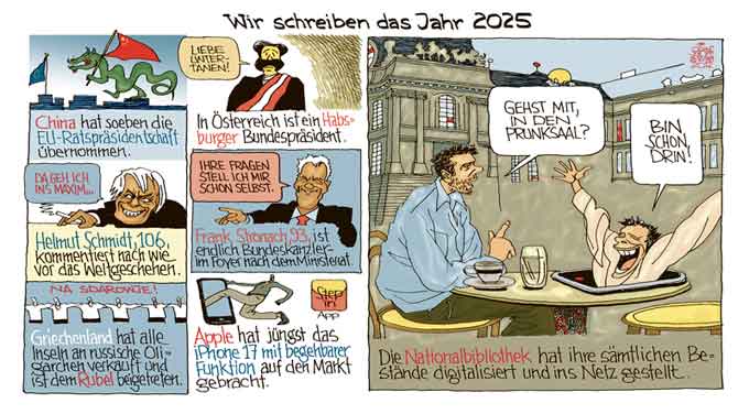 Oliver Schopf, politischer Karikaturist aus Österreich, politische Karikaturen aus Österreich, Karikatur Illustrationen Comic Bildergeschichte 2012 NATIONALBIBLIOTHEK WIEN PRUNKSAAL DIGITALISIERUNG INTERNET NETZ JOSEFSPLATZ









