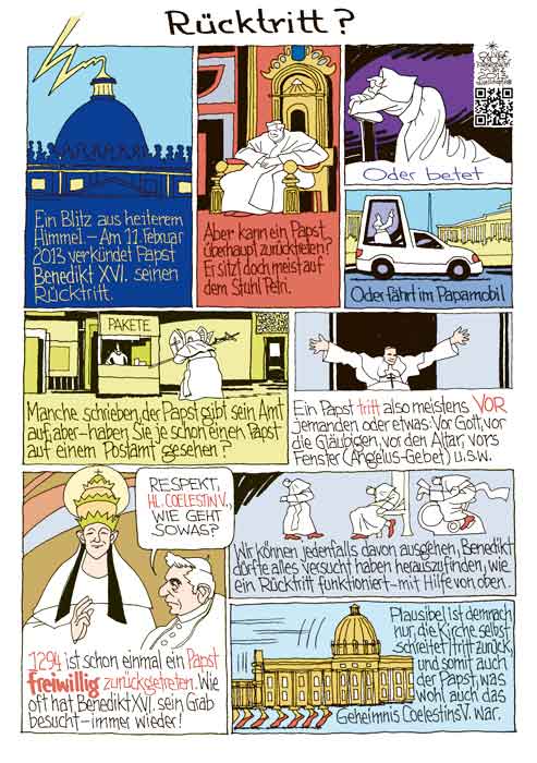 Oliver Schopf, politischer Karikaturist aus Österreich, politische Karikaturen aus Österreich, Karikatur Illustrationen Comic Bildergeschichte 2013 VATIKAN PAPST BENEDIKT XVI RUECKTRITT COELESTIN V PETERSDOM BLITZ











