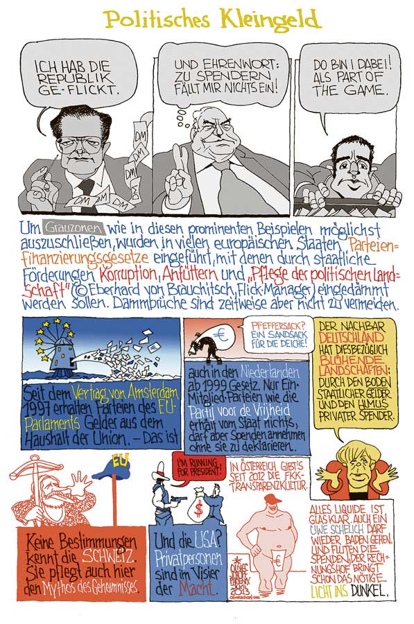 Oliver Schopf, politischer Karikaturist aus Österreich, politische Karikaturen aus Österreich, Karikatur Illustrationen Comic Bildergeschichte 2013 PARTEISPENDEN PARTEIFINANZIERUNG KORRUPTION ANFUETTERN HELMUT KOHL FRIEDRICH KARL FLICK UWE SCHEUCH SCHMIERGELD MERKEL 













