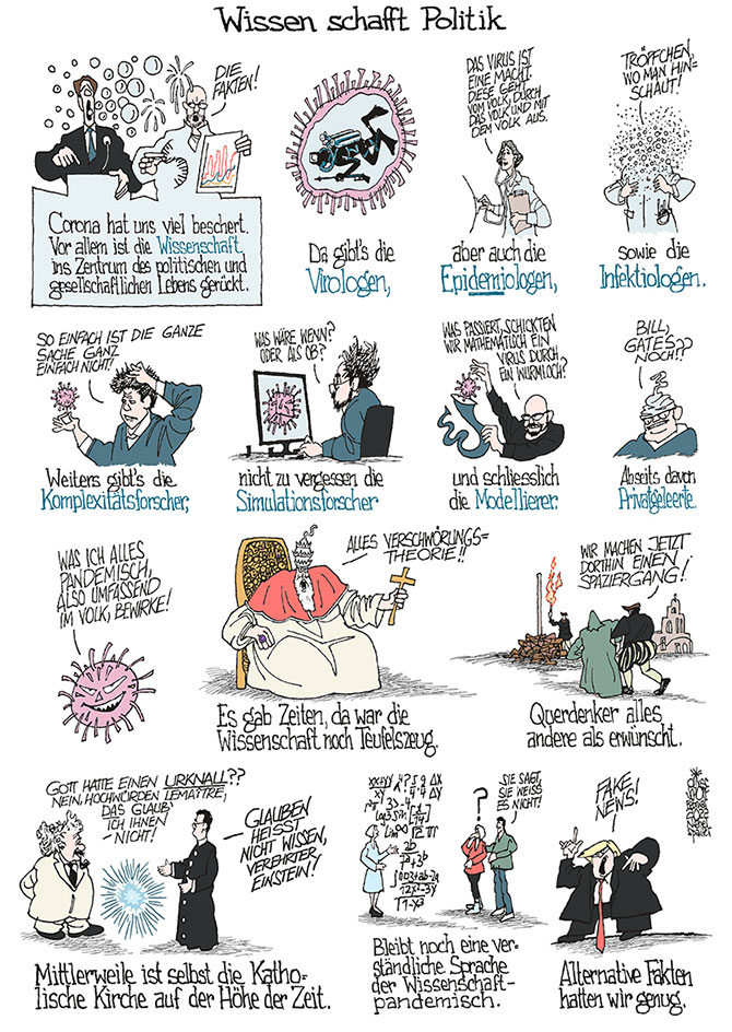 Oliver Schopf, politischer Karikaturist aus Österreich, politische Karikaturen aus Österreich, Karikatur Illustrationen Comic Bildergeschichte 2022: CORONA VIRUS PANDEMIE SARS-CoV-2 COVID-19 WISSENSCHAFT POLITIK VIROLOGEN INFEKTIOLOGEN EPIDEMIOLOGEN KOMPLEXITÄTSFORSCHER SIMULATIONSFORSCHER MODELLIERER PRIVATGELEHRTE PAPST QUERDENKER SPAZIERGANG GEORGES LEMAÎTRE EINSTEIN URKNALL MATHEMATIK FAKE NEWS ALTERNATIVE FAKTEN TRUMP
