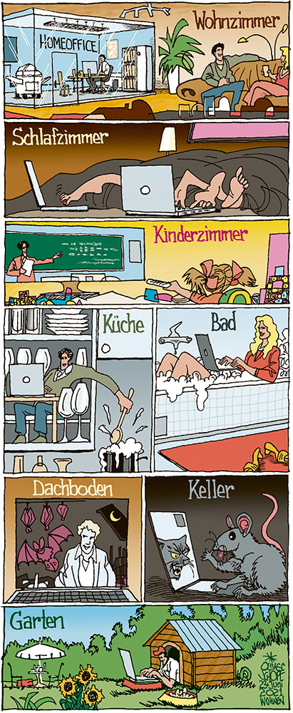 Oliver Schopf, politischer Karikaturist aus Österreich, politische Karikaturen aus Österreich, Karikatur Illustrationen Comic Bildergeschichte 2021: CORONAVIRUS CRISIS SARS-CoV-2 COVID-19 HOMEOFFICE WOHNEN WOHNBAU WOHNZIMMER SCHLAFZIMMER KONDERZIMMER KÜPCHE BAD DACHBODEN KELLER GARTEN  
