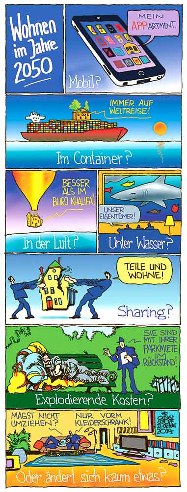 Oliver Schopf, politischer Karikaturist aus Österreich, politische Karikaturen aus Österreich, Karikatur Illustrationen Comic Bildergeschichte 2014 WOHNEN ZUKUNFT 2050 SHARING HANDY APP MIETE TEUER KOSTEN MOBILITAET IMMOBILIENHAI PENNER SANDLER PARK



