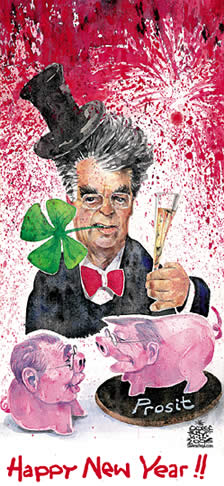  
Oliver Schopf, editorial cartoons from Austria, cartoonist from Austria, Austrian illustrations, illustrator from Austria, editorial cartoon
Europe austria 2006 president heinz fischer on the new year's evening wearing chimneysweeper's suit a shamrock between his teeth politicans as small pigletts   

