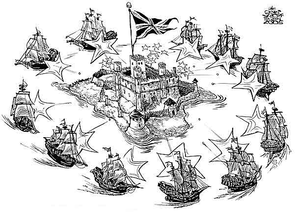  
Oliver Schopf, editorial cartoons from Austria, cartoonist from Austria, Austrian illustrations, illustrator from Austria, editorial cartoon
Europe EU eu European union 2005 great britain castle ships budget 

