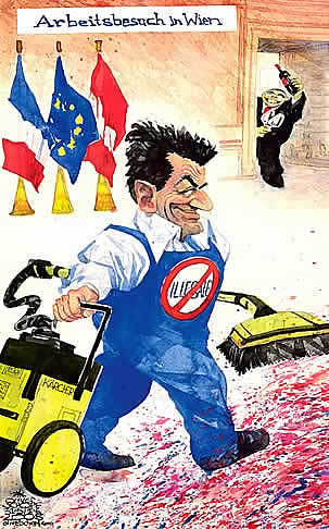  
Oliver Schopf, editorial cartoons from Austria, cartoonist from Austria, Austrian illustrations, illustrator from Austria, editorial cartoon
Europe EU eu European union france 2008:  nicolas sarkozy, chancellor gusenbauer, state visit, illegal immigrants, frances's president cleaning house in austria

