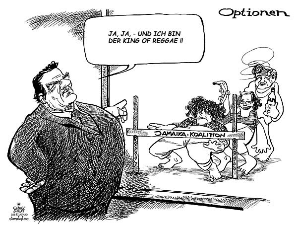  
Oliver Schopf, editorial cartoons from Austria, cartoonist from Austria, Austrian illustrations, illustrator from Austria, editorial cartoon
Europe EU eu germany 2005, coalition, coalitions talks options chancellor schröder spd party saying yes i am the king of reggae, merkel fdp green party dancing limbo politicians politics 


